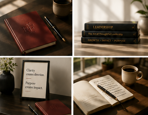 Executive coaching workspace — leather journal, leadership books, fountain pen